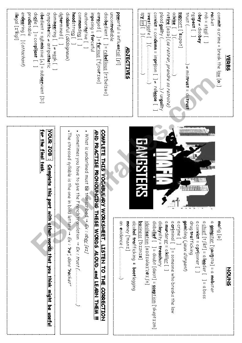 Mafia gangsters vocabulary worksheet