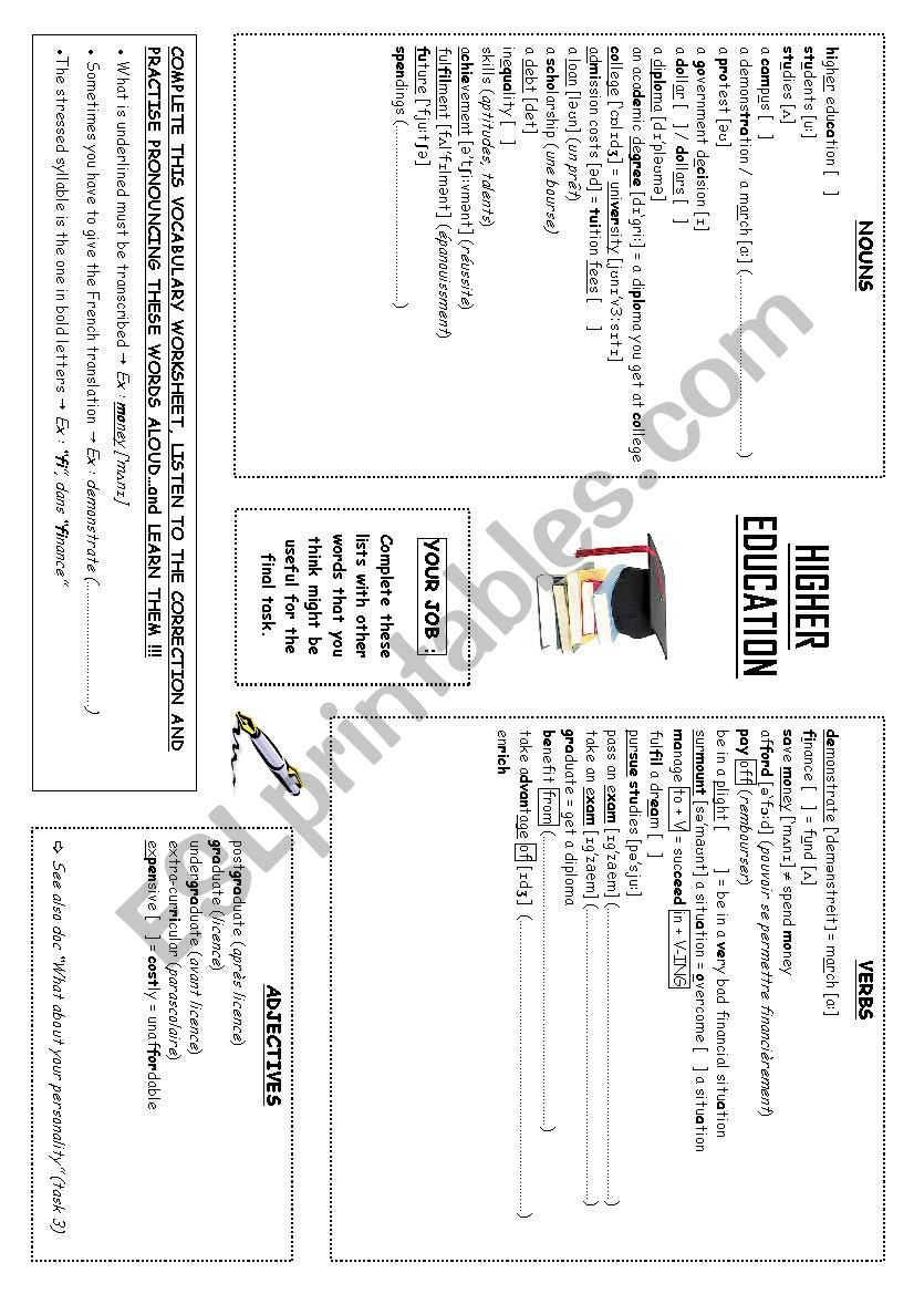 Higher education Vocabulary worksheet