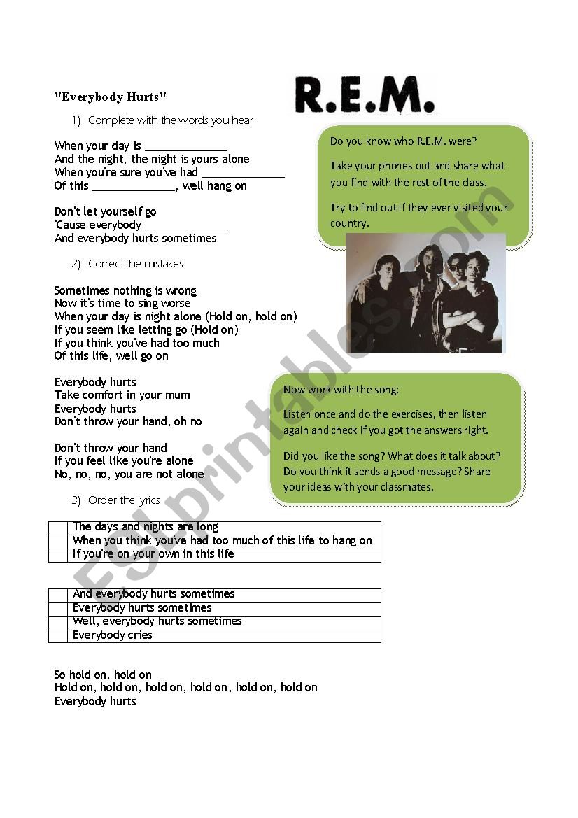 R. E. M. - Everybody Hurts worksheet