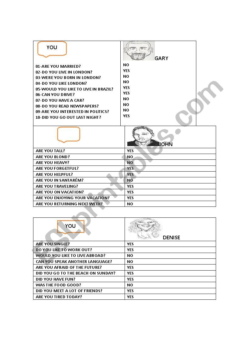 CONVERSATION CARICATURE CARDS worksheet