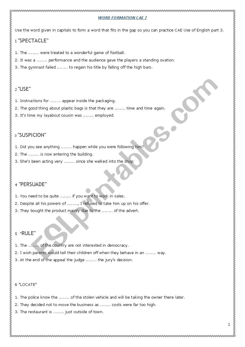 WORD FORMATION (CAE) 7 worksheet