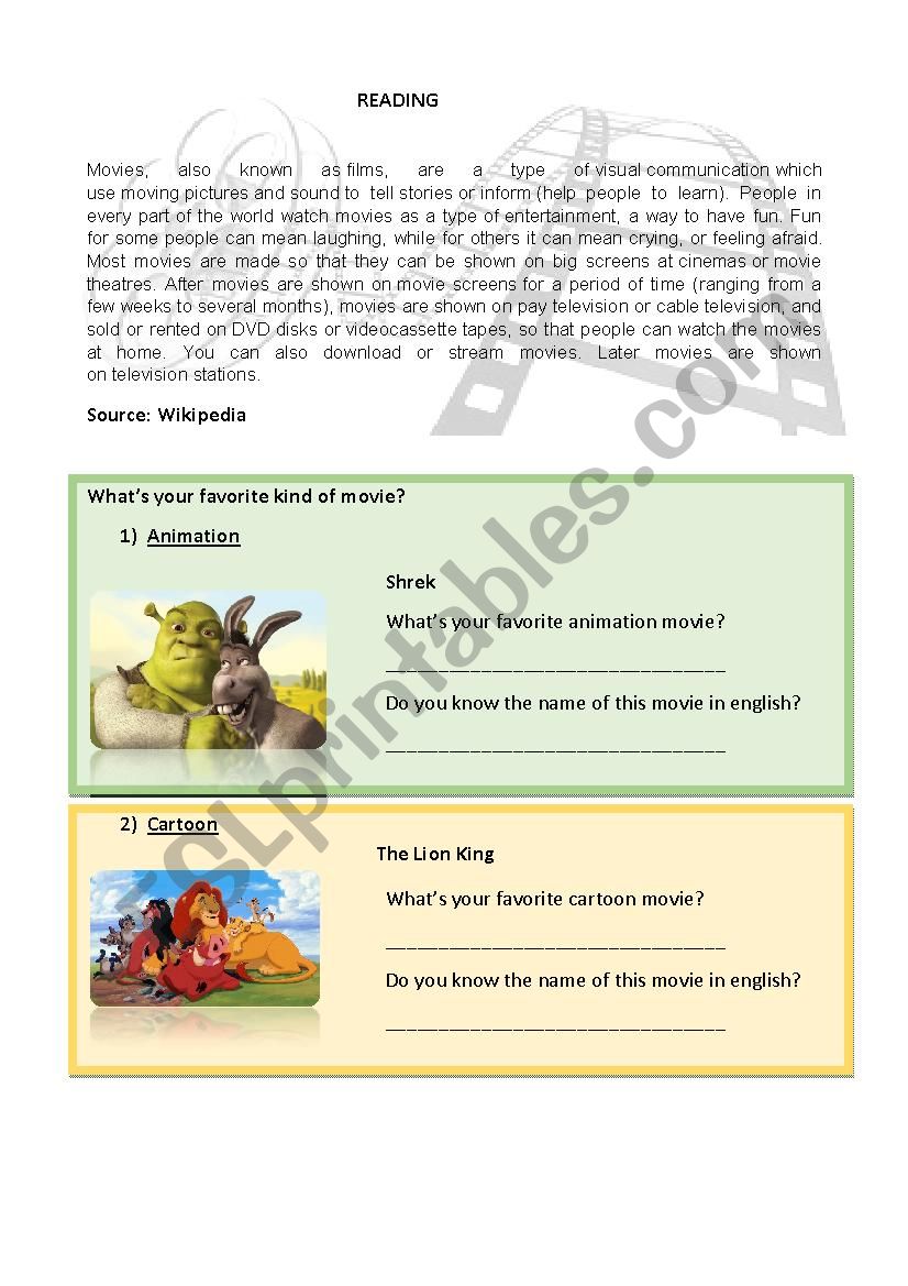 Kind of Movies Activities worksheet