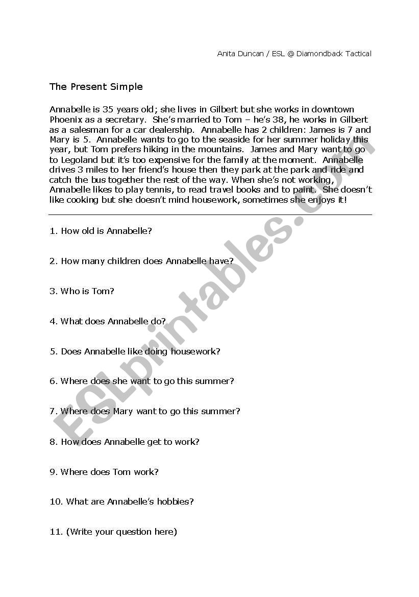 Simple present simple comprehension text with questions