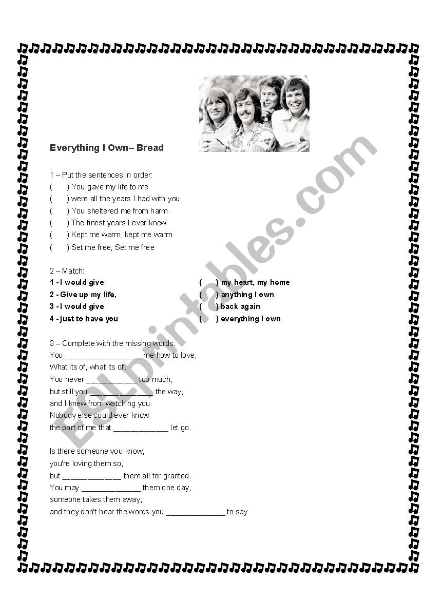 Song Everything I Own, Bread worksheet