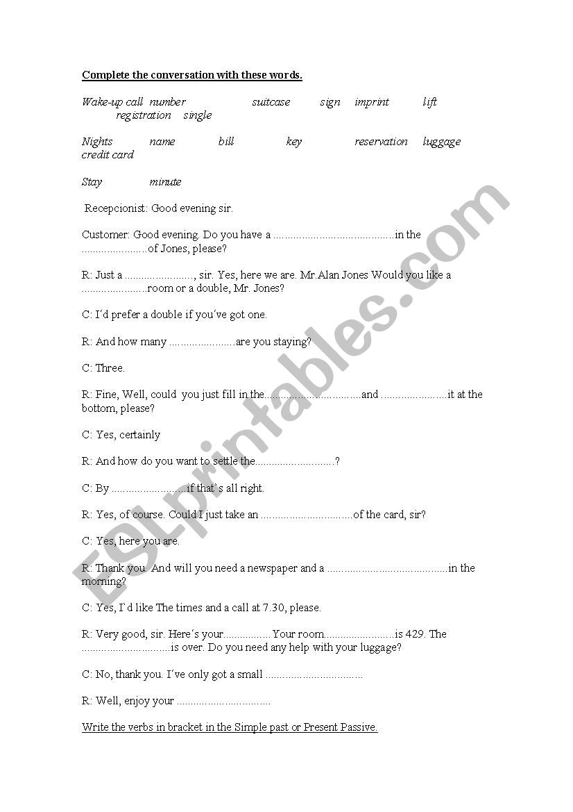 Hotel dialogue worksheet