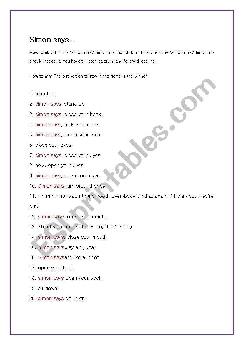 Simon says... worksheet