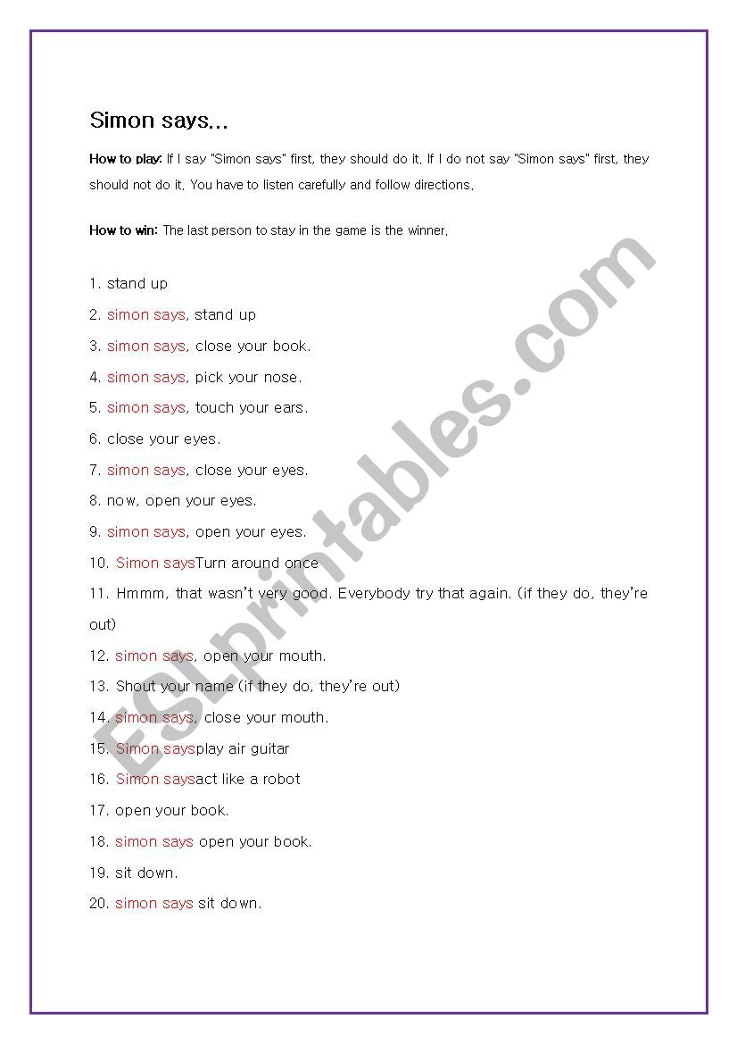 Simon says... worksheet