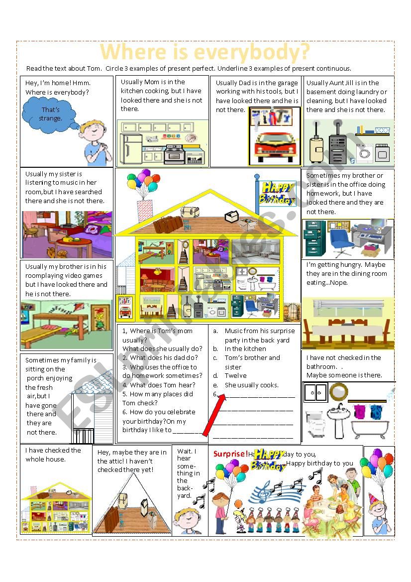 Where is Everybody?--A Birthday Surprise--rooms of the house, present perfect, present continuous 