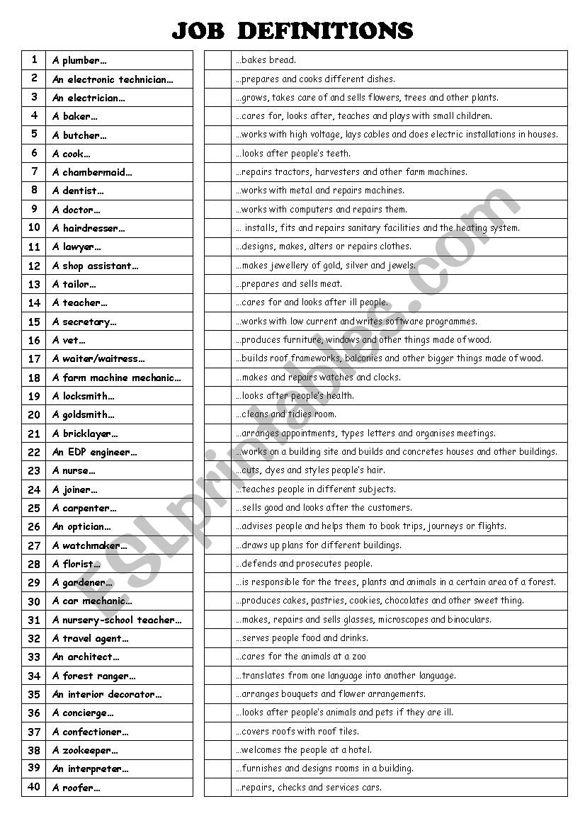 Jobs and Professions worksheet