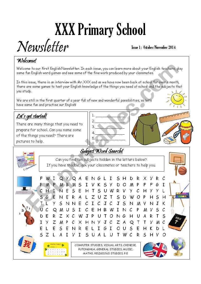 School Newsletter - Issue 1 worksheet