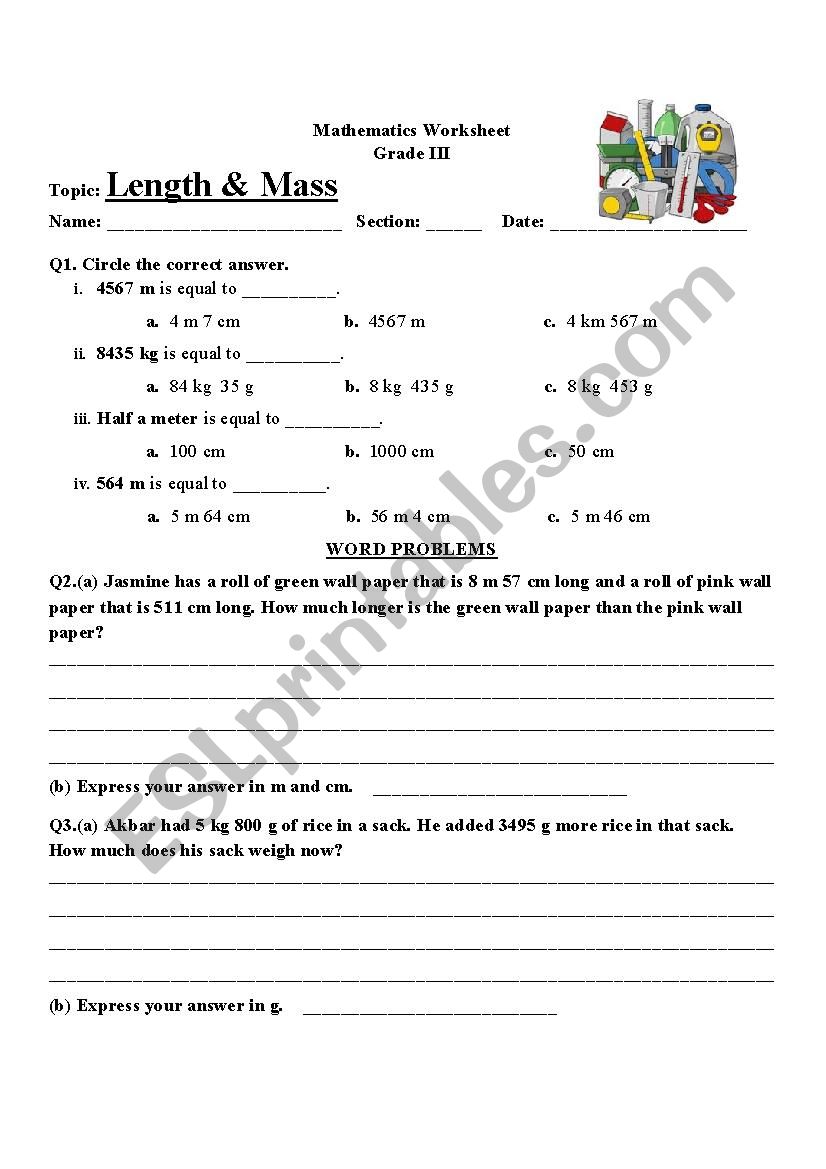 Length and Mass Worksheet for grade 3