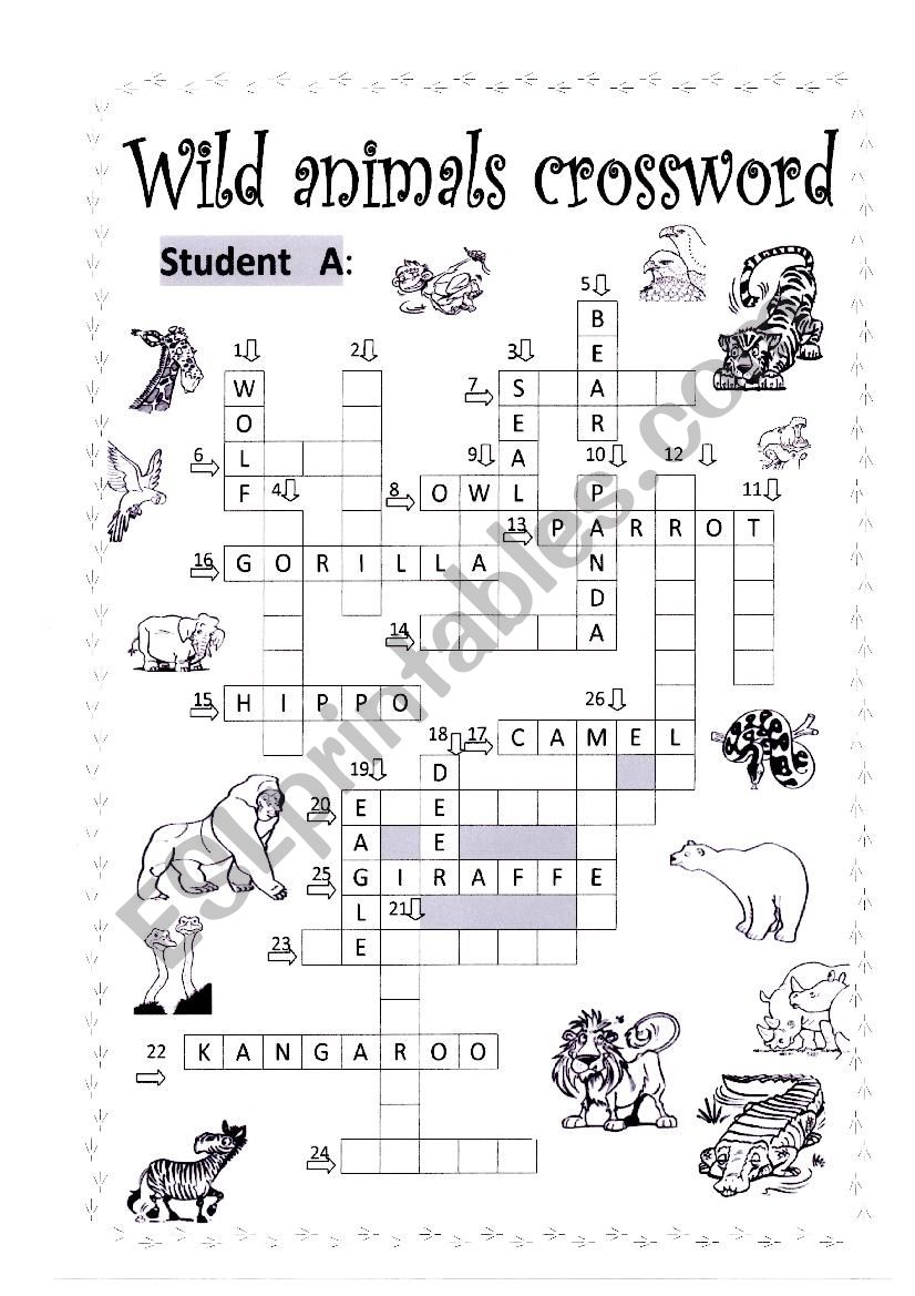 Wild animal crossword pair work A