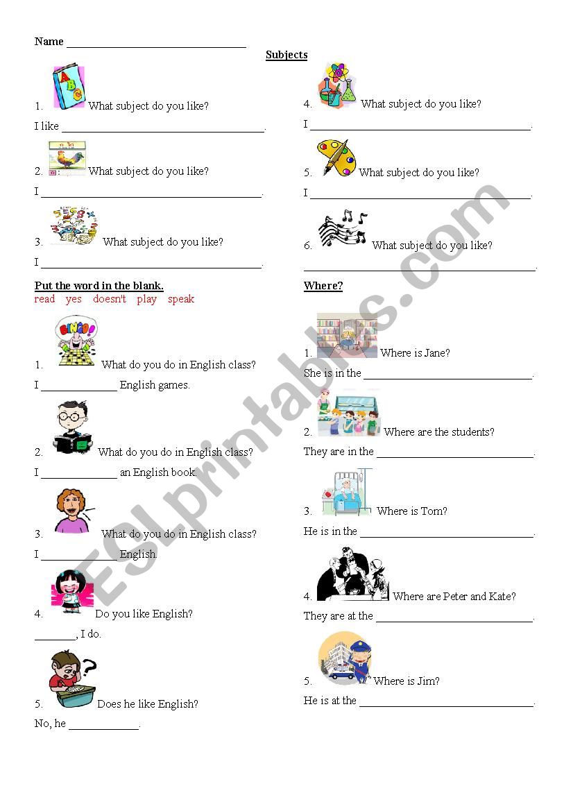 subject, place worksheet