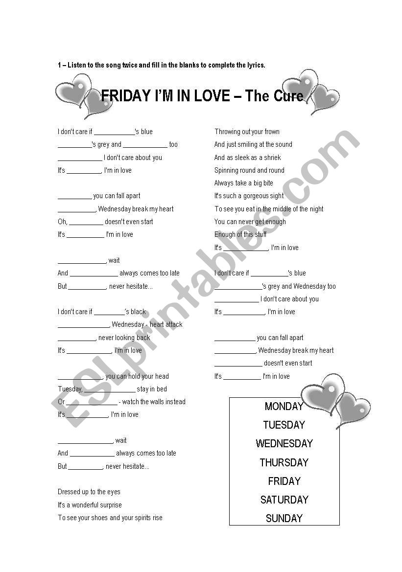 Friday Im in love - The Cure worksheet