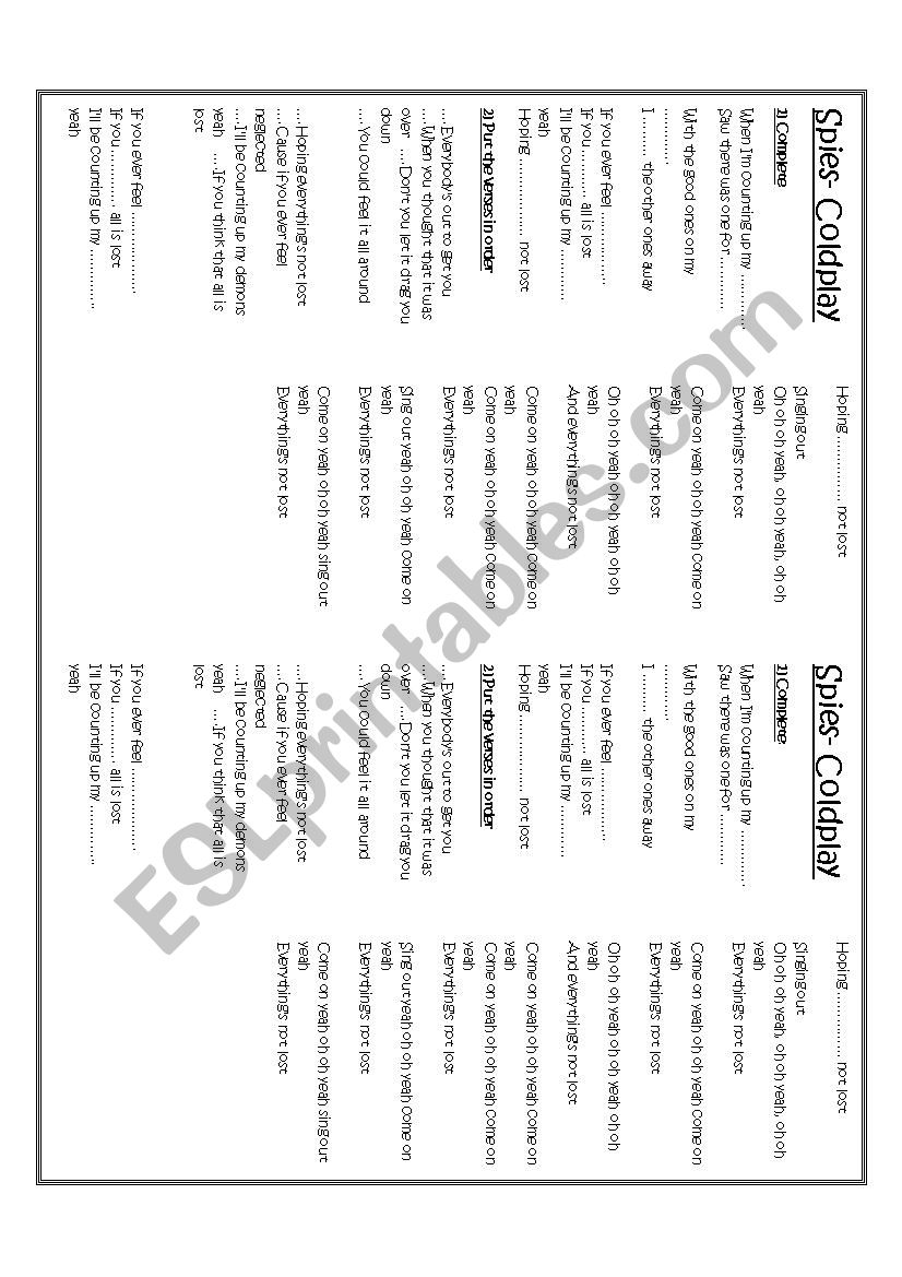 Spies- Coldplay worksheet