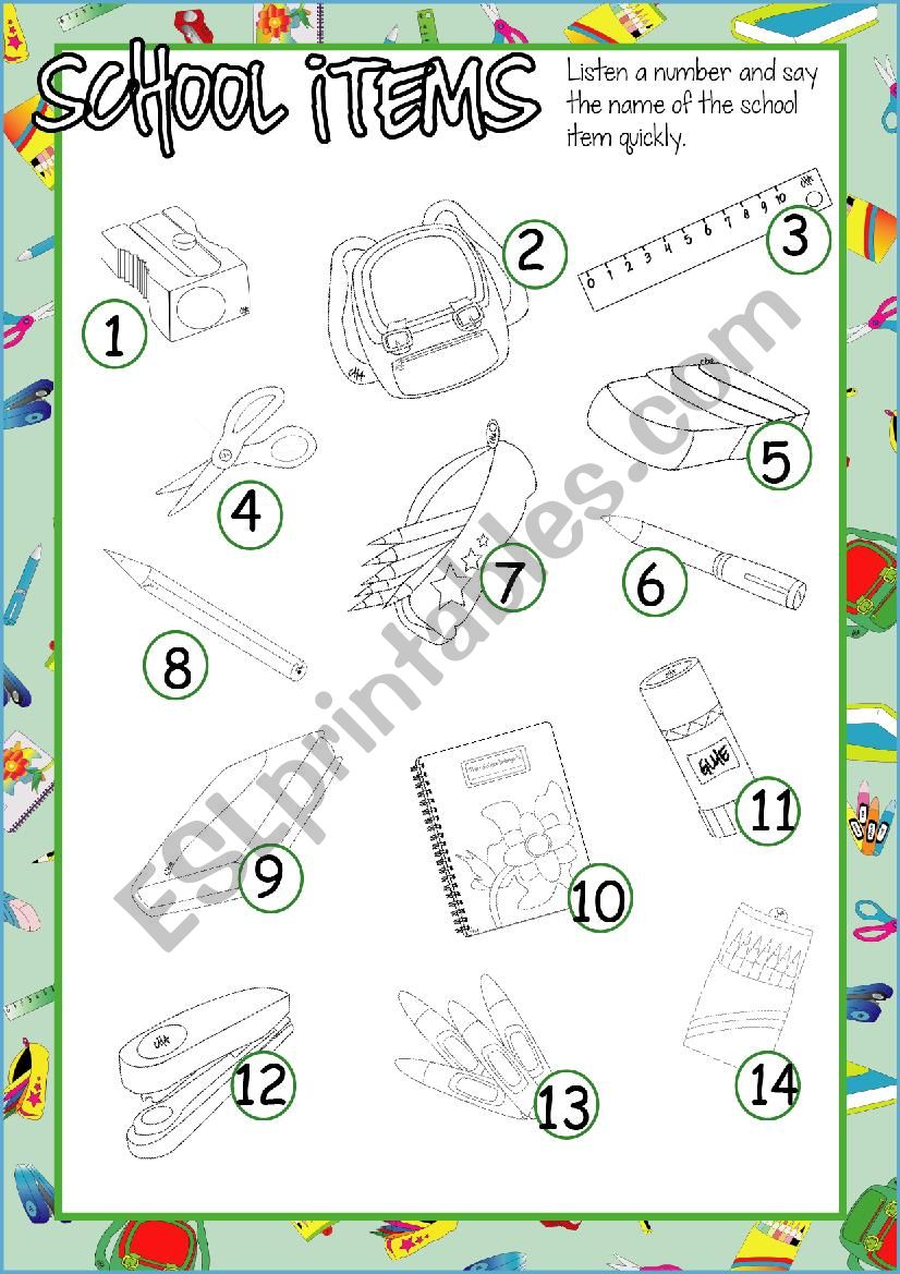 School Items LISTEN & SAY worksheet