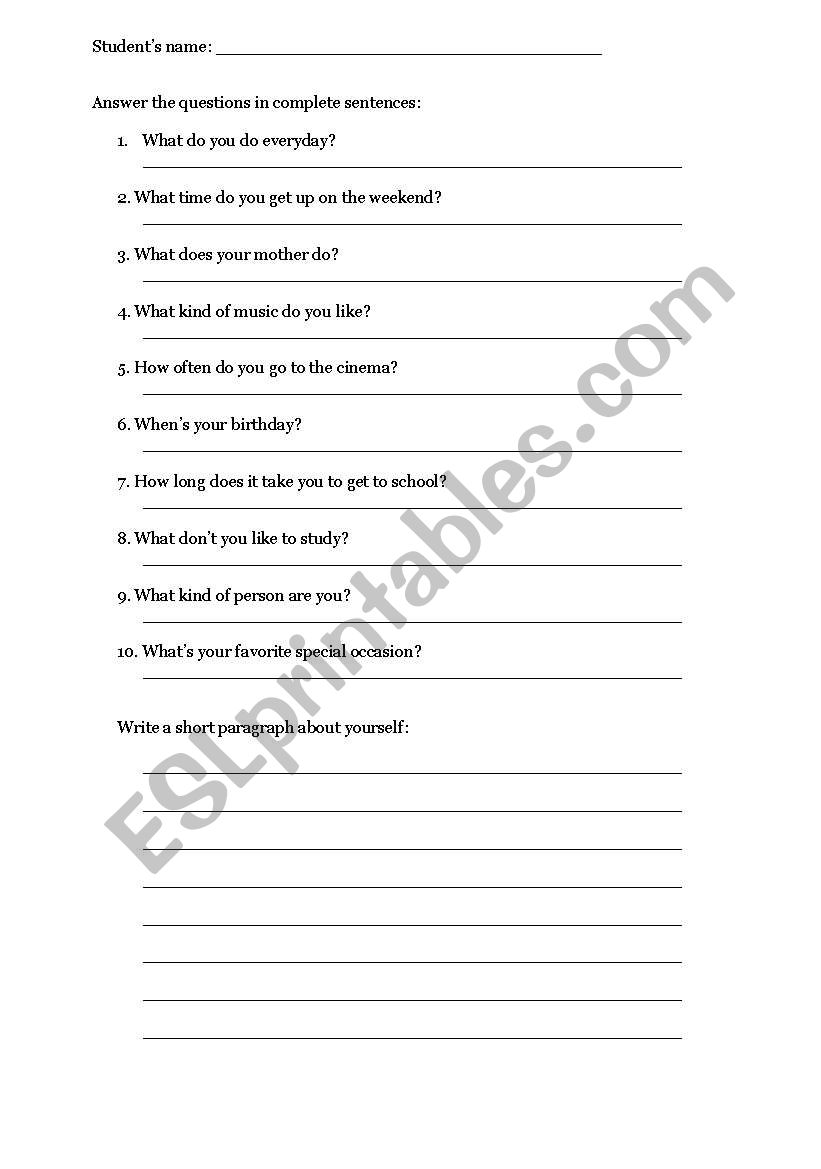 Questions and Answers worksheet