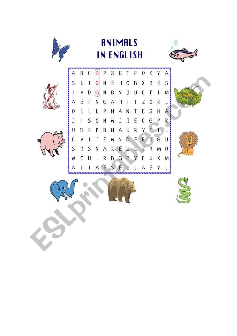 animals word search worksheet