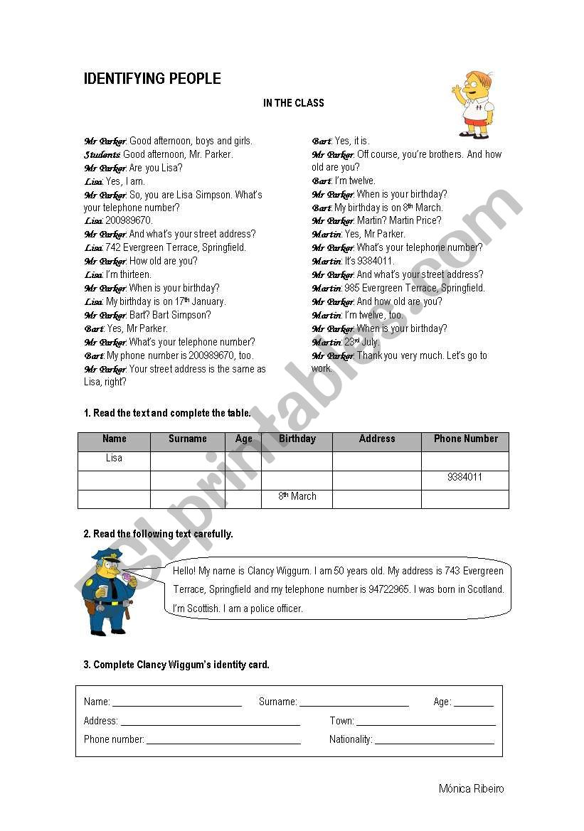 Identifying people worksheet