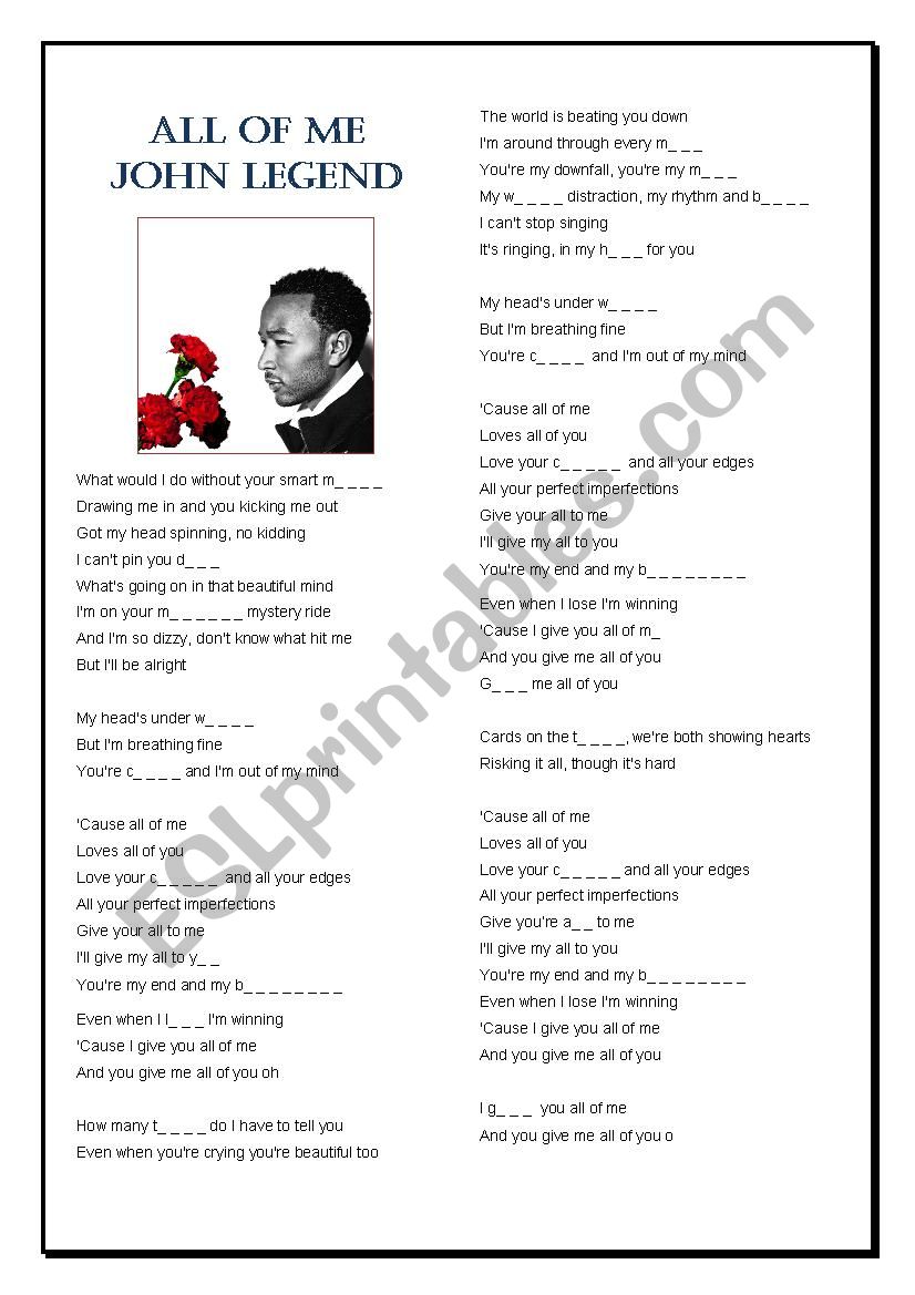 All of me - John Legend worksheet