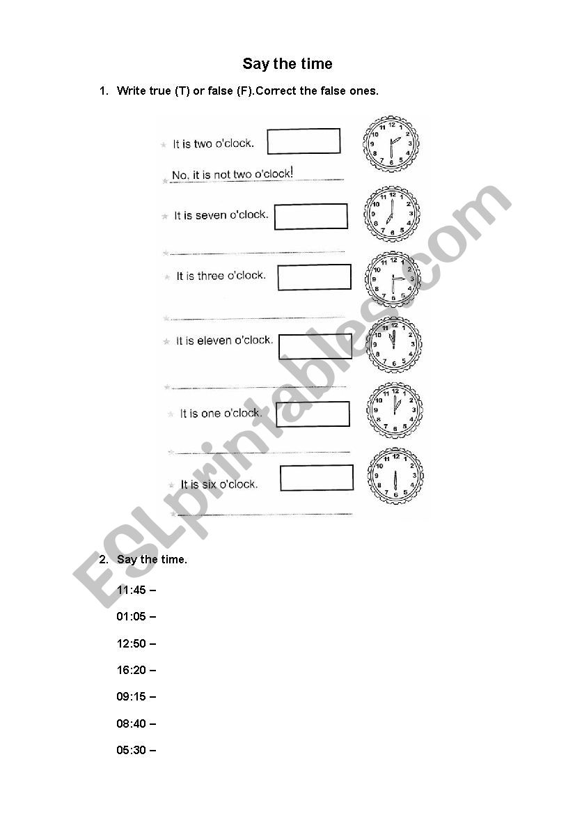 Say the time worksheet