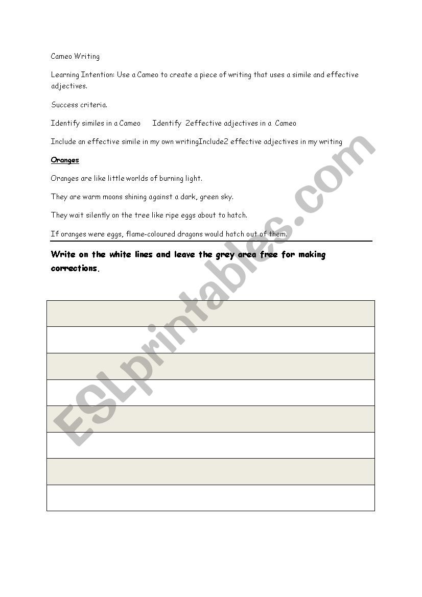 Writing using a Cameo. worksheet