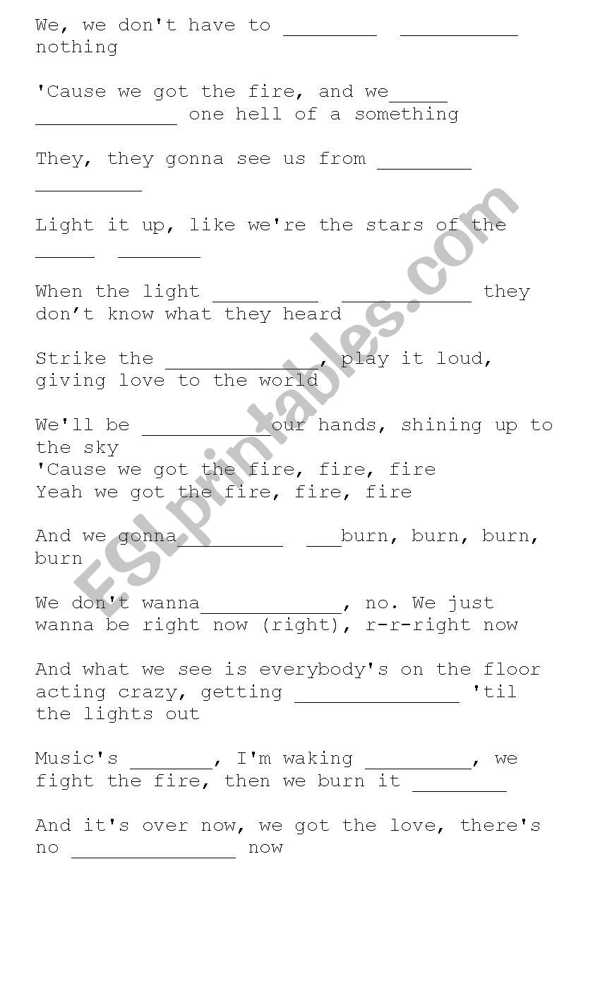 Burn Ellie Golding worksheet