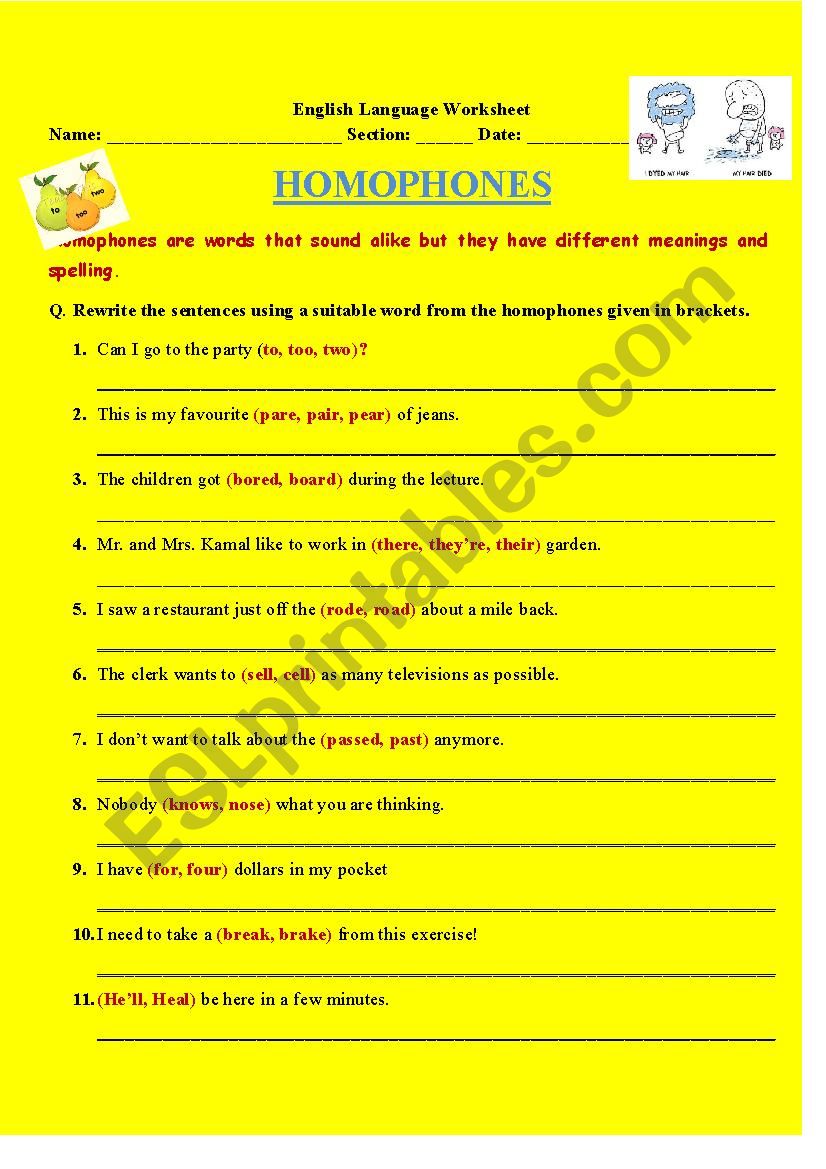 HOMOPHONES worksheet