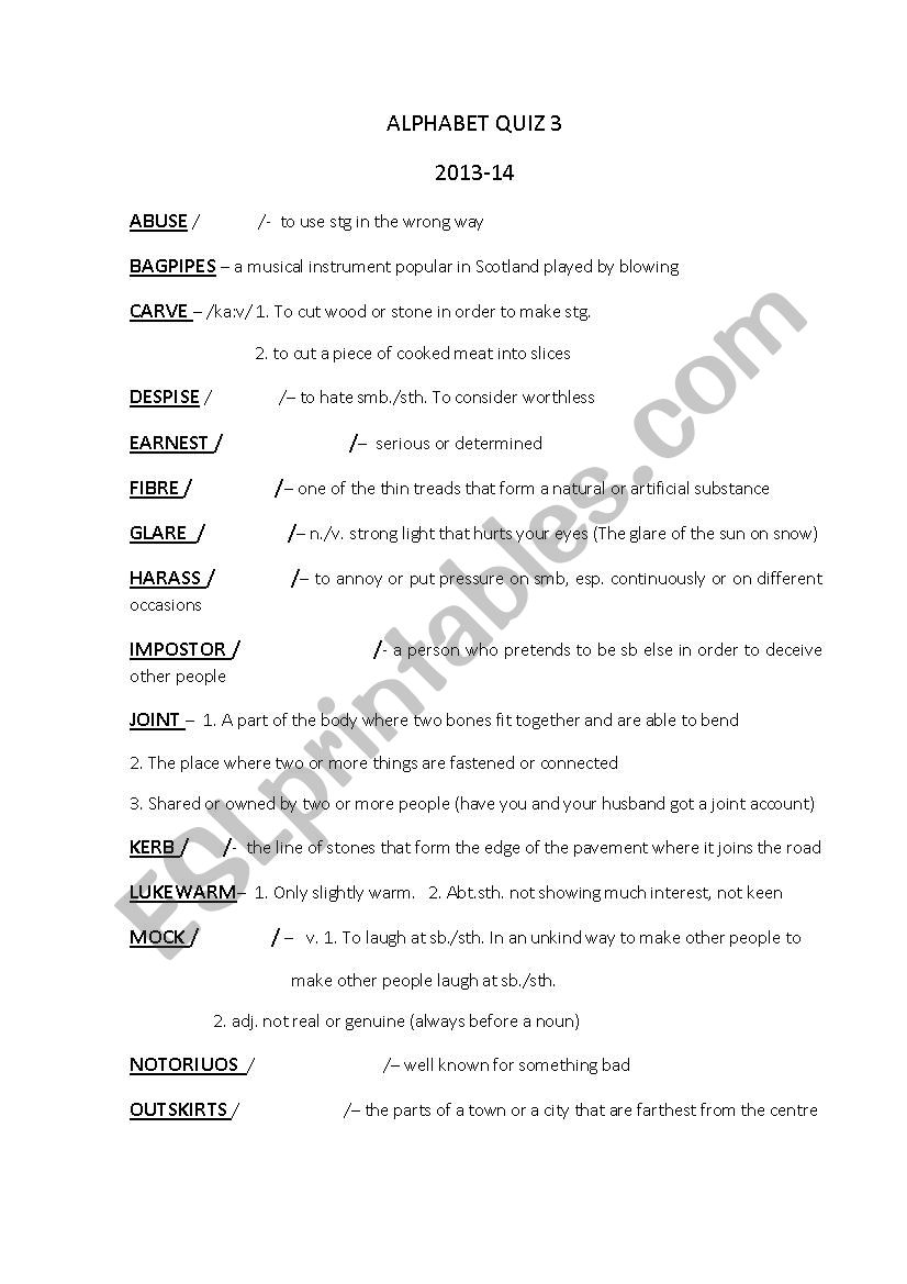 Alphabet quiz 3 worksheet