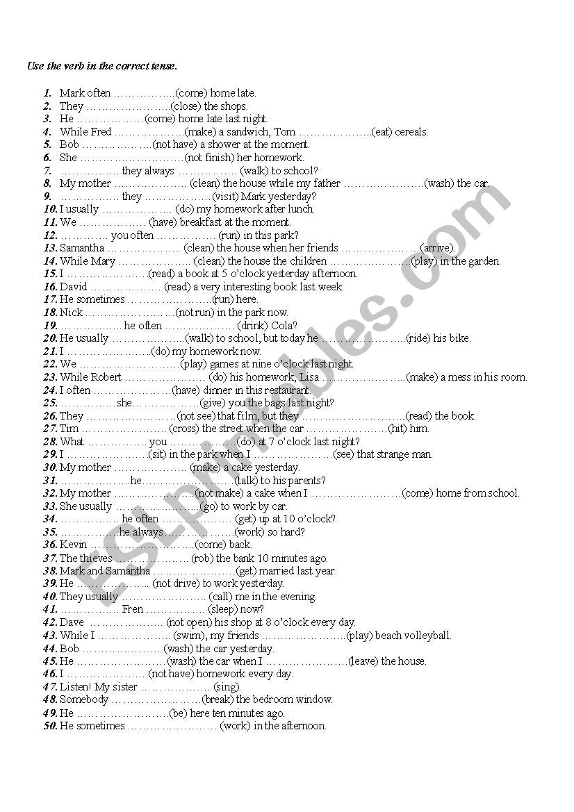 Mixed tenses exercise worksheet