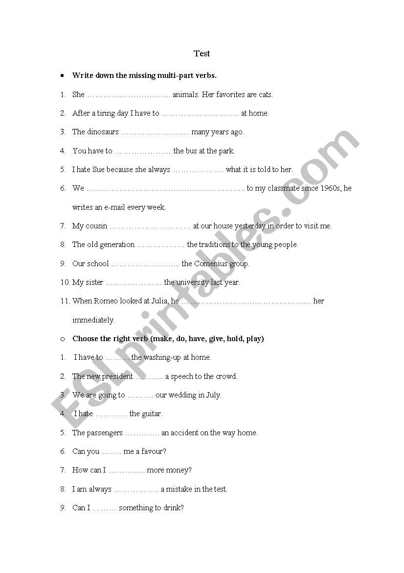 multi part verbs in use worksheet