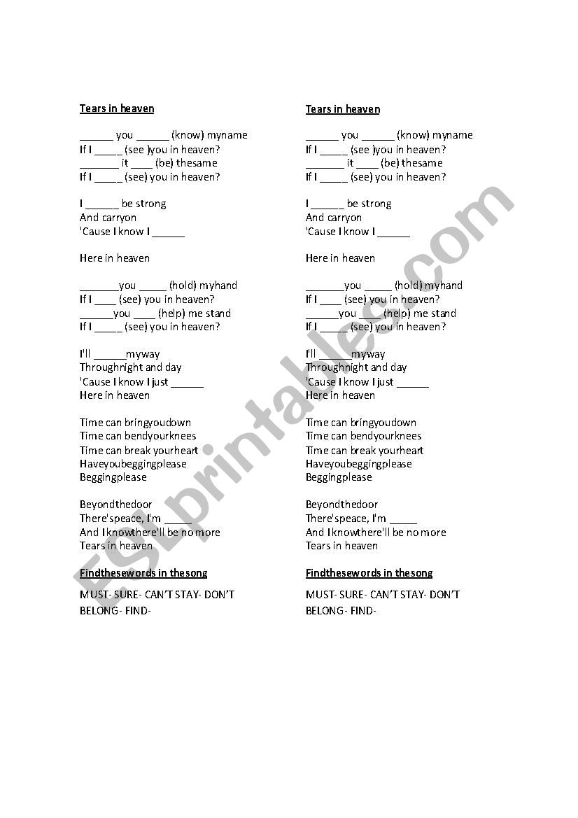 tears in heaven worksheet