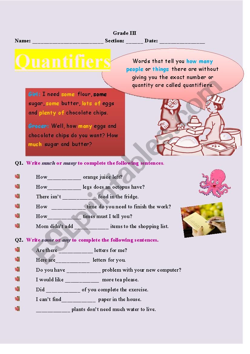 Quantifiers Worksheet for grade3, 4, 5