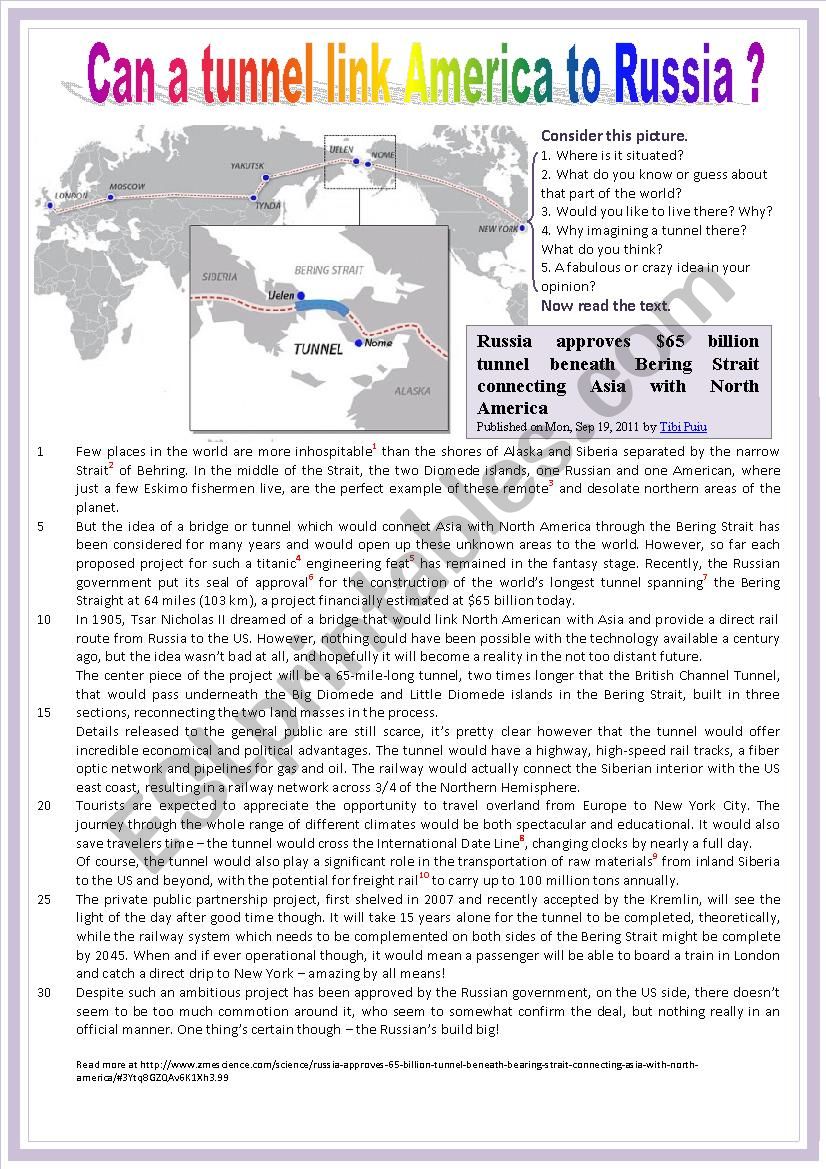 Can a tunnel link America to Russia?(Reading + comprehension questions + KEY)