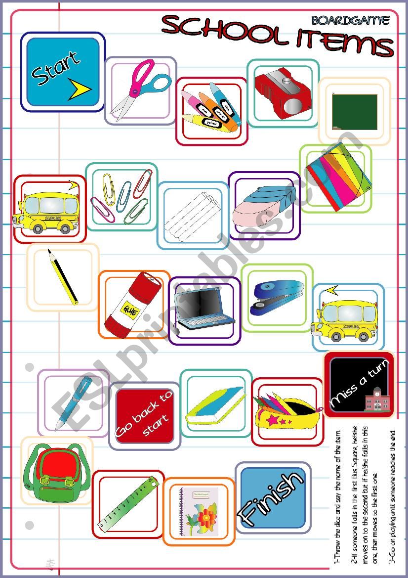 School Items BOARDGAME worksheet