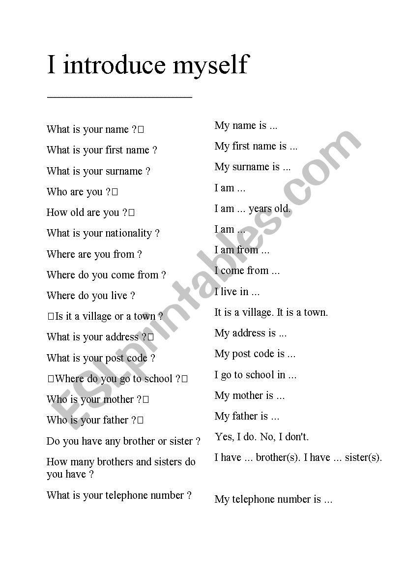 Introduce myself worksheet