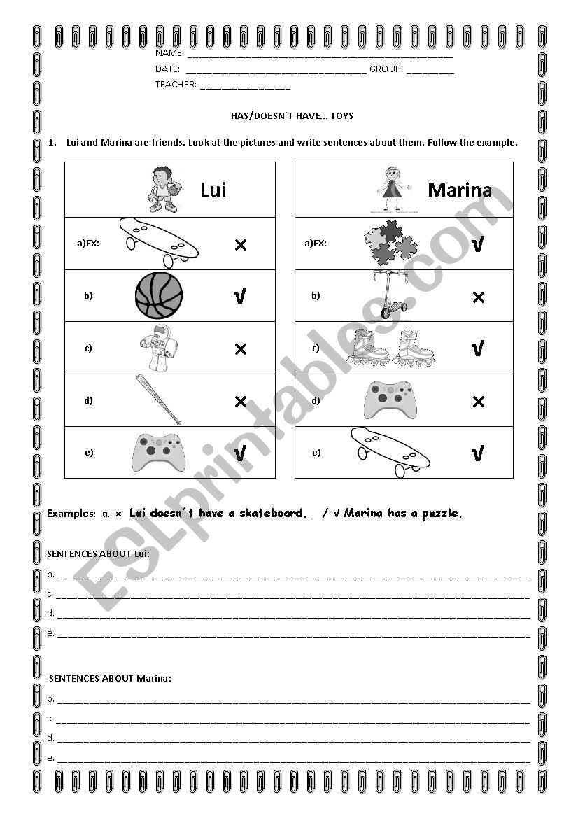 Has -doesnt have  worksheet