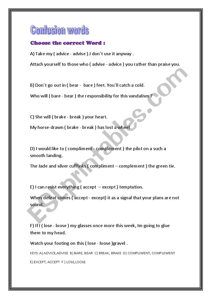 CONFUSION WORDS worksheet