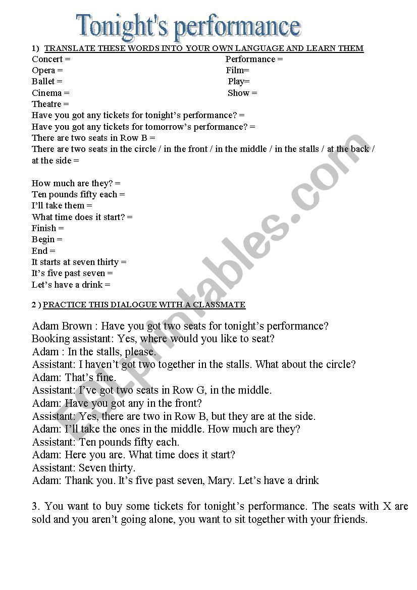 TONIGHTÂ´S PERFORMANCE worksheet