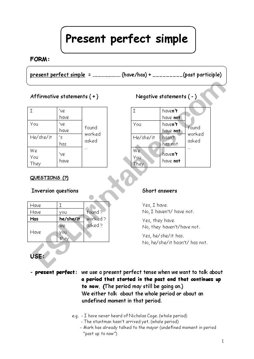 Present perfect simple worksheet