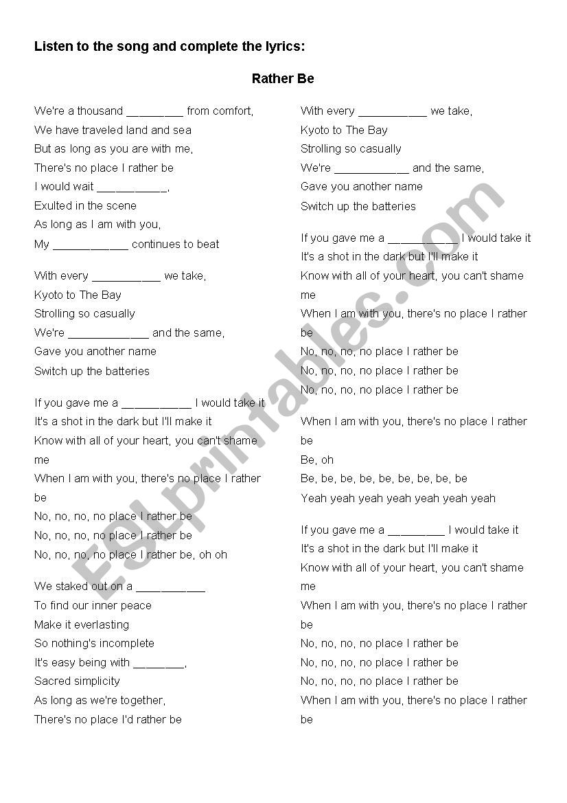 Rather be song worksheet