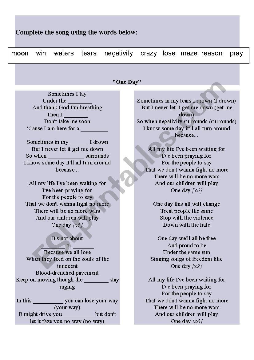 Song: One day worksheet