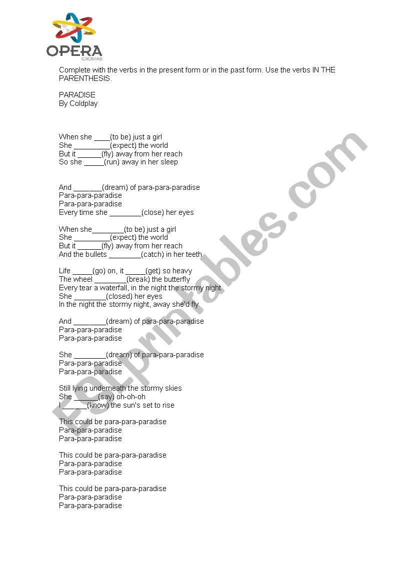 Paradise by Coldplay worksheet