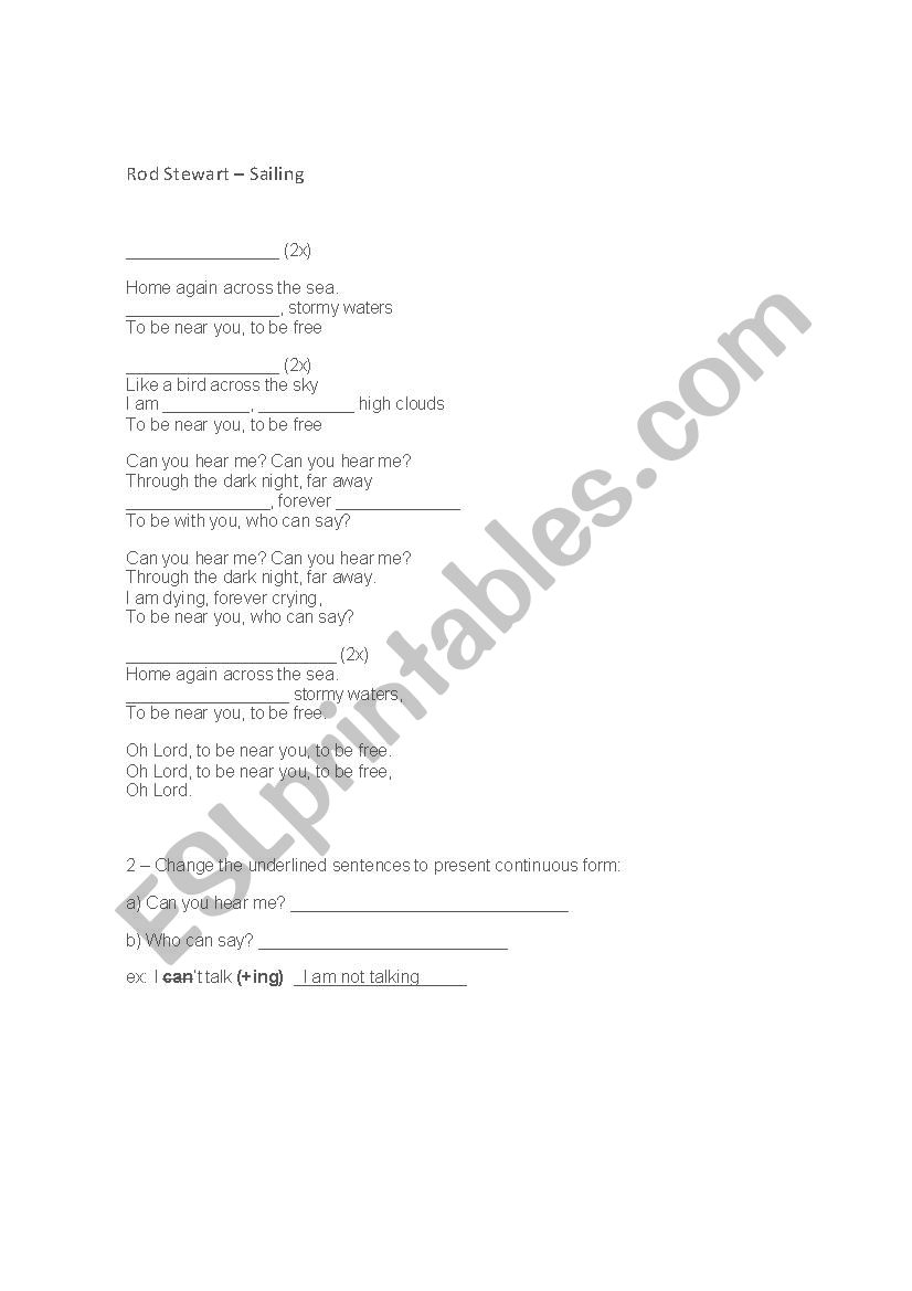 I am sailing worksheet (Present Continuous Song)