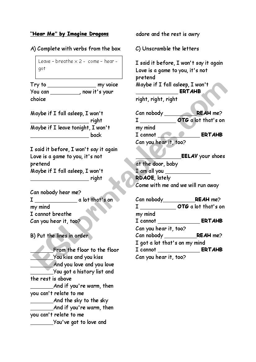 Hear me by Imagine Dragons worksheet