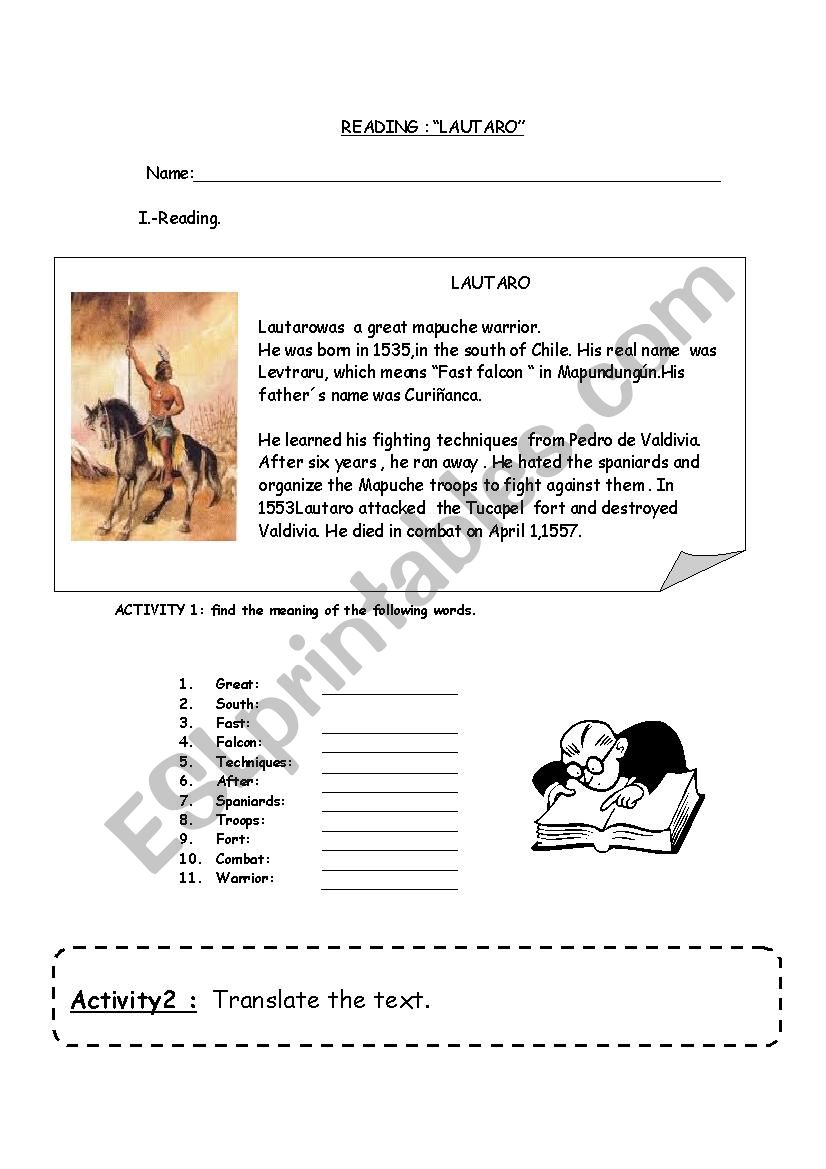 Lautaro , a mapuche warrior worksheet