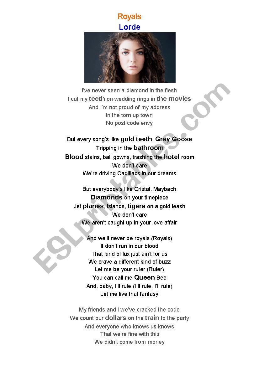 Lorde- Royals worksheet