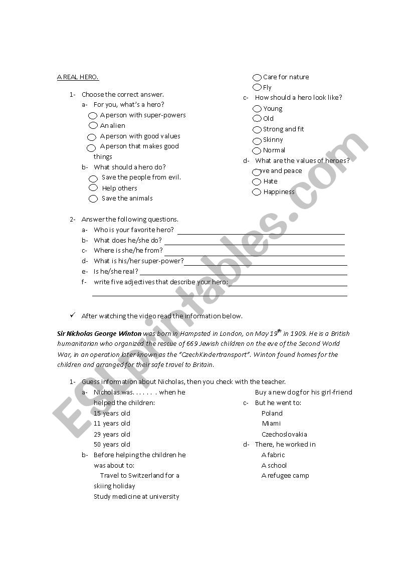 A REAL HERO! worksheet