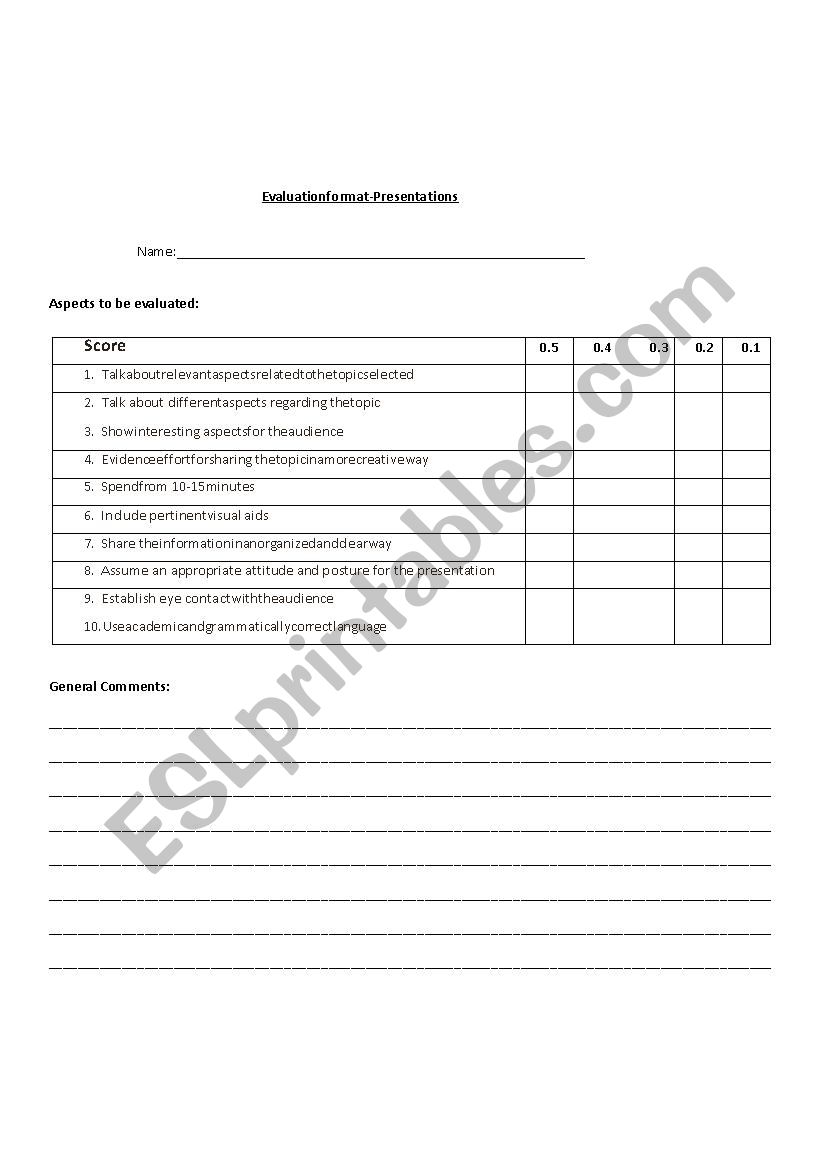 Evaluation format worksheet