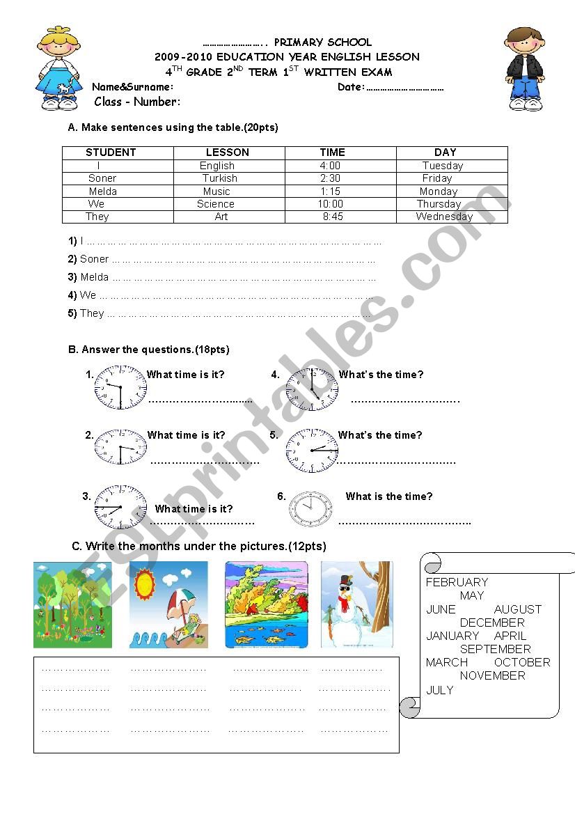 4th grade exam paper 1 worksheet